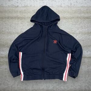 Vintage Y2K Adidas Originals Hoodie Womens L Black Cotton Full Zip White Swoosh